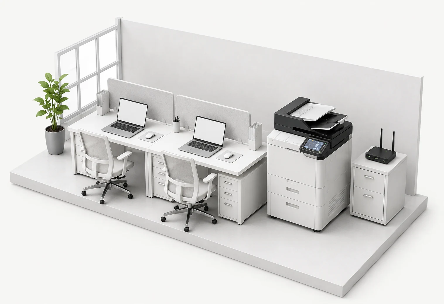 Two office computers and a shared printer